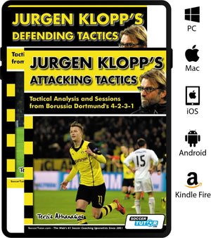 The SoccerTutor bundle, "Jurgen Klopp's Attacking and Defending Tactics – Tactical Analysis and Sessions (4-2-3-1)," features two book covers with Dortmund players and Klopp, plus icons for PC, Mac, iOS, Android, and Kindle Fire on the right.