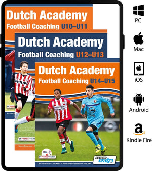 The SoccerTutor Dutch Academy Football Coaching U10-15 - 3 Book Bundle features young soccer players and icons showing compatibility with PC, Mac, iOS, Android, and Kindle Fire.