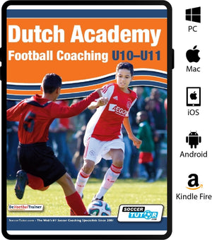 Two young boys play soccer; one in red tackles the ball from another in an Ajax kit. This image is the cover of "Dutch Academy Football Coaching U10-11 - Technical and Positional Practices from Top Dutch Coaches" by SoccerTutor.
