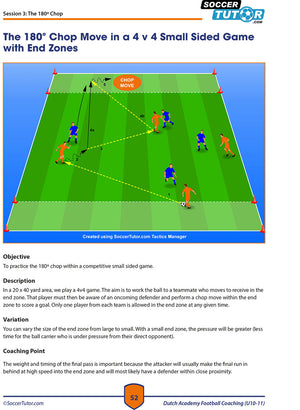 A diagram from SoccerTutor’s Dutch Academy Football Coaching U10-15 – 3 Book Bundle shows a 4v4 small-sided game for ages U10-15 in a 20x40 yard area with end zones, featuring a 180° chop move under pressure marked by an orange arrow.
