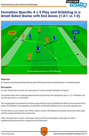 The SoccerTutor Dutch Academy Football Coaching U10-11 book features a 4v3 small-sided game diagram for practicing passing, dribbling, and build-up play on a field with end zones, designed by top Dutch coaches.