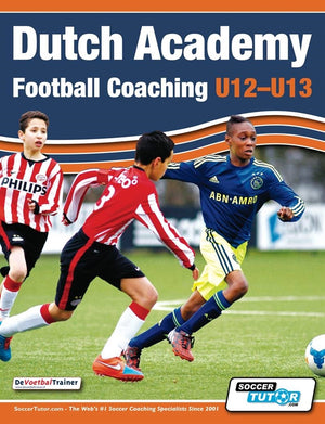 Three young boys compete for the ball—one in a red and white striped jersey, one in red, and one in a blue and yellow Ajax kit—during SoccerTutor’s Dutch Academy Football Coaching U12-13 - Technical and Tactical Practices from Top Dutch Coaches.