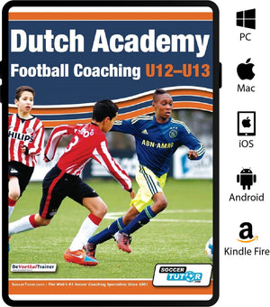 Cover of SoccerTutor’s Dutch Academy Football Coaching U12-13—Technical and Tactical Practices from Top Dutch Coaches—shows two youth players, one in red/white and one in blue, vying for the ball with icons denoting skills training.