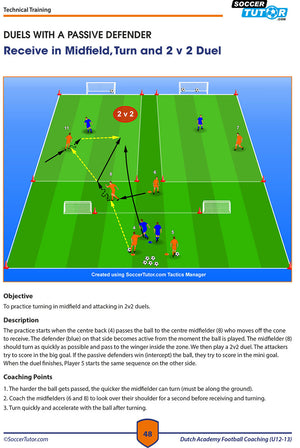 SoccerTutor’s Dutch Academy Football Coaching U12-13 features detailed drills with two attackers and two defenders in midfield, emphasizing passing, movement, and runs to develop technical and tactical skills as taught by top Dutch coaches.