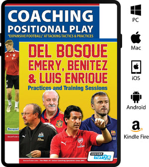 SoccerTutor’s Coaching Positional Play + Del Bosque, Emery, Benitez & Luis Enrique Bundle features 97 Practices and Training Sessions on attacking tactics. Available for PC, Mac, iOS, Android & Kindle Fire.