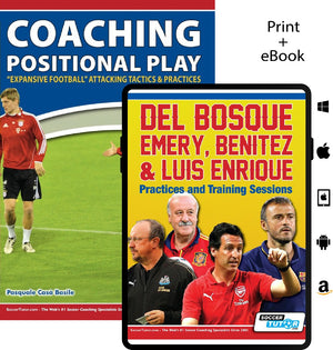 A promotional image shows the SoccerTutor Coaching Positional Play + Del Bosque, Emery, Benitez & Luis Enrique - Practices and Training Sessions bundle featuring 97 practices for soccer coaches.