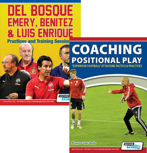 Two SoccerTutor book covers: one with Del Bosque, Emery, Benitez & Luis Enrique alongside players; the other shows coaches on a field—both from Coaching Positional Play + Practices and Training Sessions bundle (97 practices).