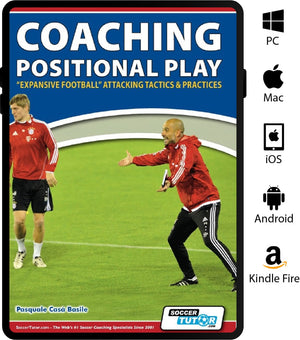 The SoccerTutor ebook cover, Coaching Positional Play - Expansive Football Attacking Tactics & Practices, features a coach instructing a player. Icons for PC, Mac, iOS, Android, and Kindle Fire highlight its device compatibility.