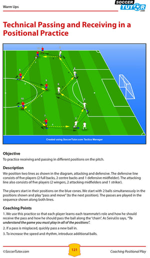 The Coaching Positional Play - Expansive Football Attacking Tactics & Practices by SoccerTutor features a drill where two teams of five pass in patterns on blue cones, emphasizing technical passing, receiving, and positional play coaching points.