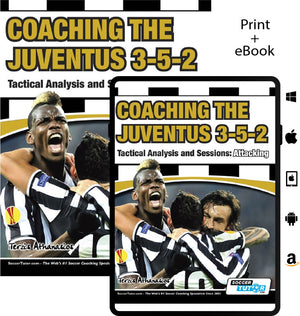 Available in print and eBook, SoccerTutor’s “Coaching the Juventus 3-5-2 - Tactical Analysis and Sessions: Attacking” helps you master tactics and sessions. Cover features Juventus players celebrating with digital platform icons.