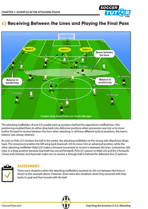 SoccerTutor’s Coaching the Juventus 3-5-2 - Tactical Analysis and Sessions: Attacking features illustrated analyses of midfielders receiving between lines, final passes, labeled positions, movement arrows, highlighted options, and coaching assessments.