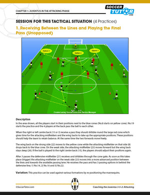 SoccerTutor's "Coaching the Juventus 3-5-2" 2-book bundle features diagrams with players in attacking roles, cones marking zones, and arrows for passing/movement—perfect for tactical analysis of receiving between lines and final passes.