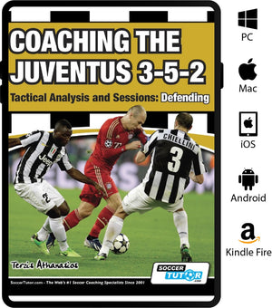 The cover of Coaching the Juventus 3-5-2 - Tactical Analysis and Sessions: Defending by SoccerTutor shows two Juventus players in striped jerseys defending in a 3-5-2 formation against an opponent in red.