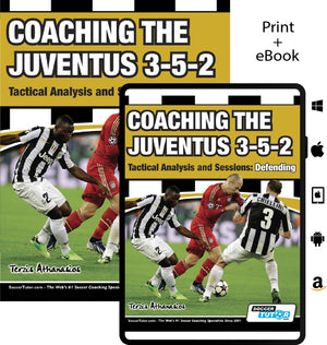 Two covers of SoccerTutors Coaching the Juventus 3-5-2 – Tactical Analysis and Sessions: Defending by Terzis Athanasios, featuring soccer action images and icons for print, eBook, and reading platforms. Focuses on defending tactics in the 3-5-2 system.