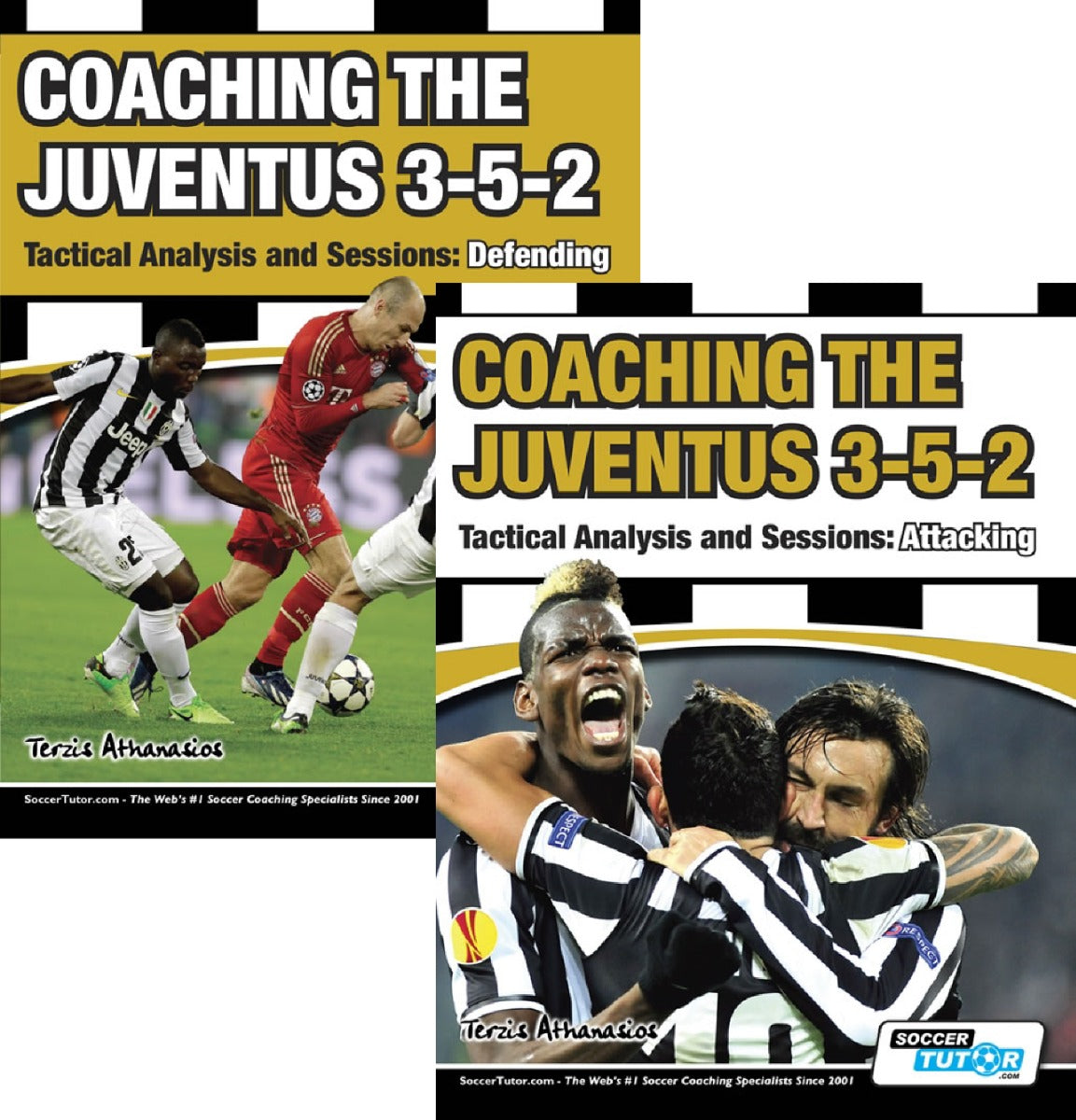 The SoccerTutor bundle "Coaching the Juventus 3-5-2 - Tactical Analysis and Sessions: Attacking and Defending" features two book covers with Juventus players in action, illustrating key coaching tactics for both attacking and defending.