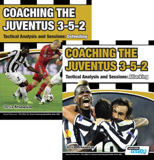 The SoccerTutor bundle "Coaching the Juventus 3-5-2 - Tactical Analysis and Sessions: Attacking and Defending" features two book covers with Juventus players in action, illustrating key coaching tactics for both attacking and defending.