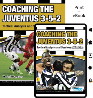 The SoccerTutor "Coaching the Juventus 3-5-2 - Tactical Analysis and Sessions: Attacking and Defending - 2 Book Bundle" features covers with a dribbling player in black and white stripes and another with players celebrating coaching sessions.