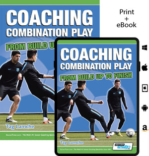 Two versions of SoccerTutor's Coaching Combination Play - From Build Up to Finish are available—print and eBook—with icons for Windows, Mac, iOS, Android, and Amazon. Ideal for mastering soccer build up and finishing tactics.