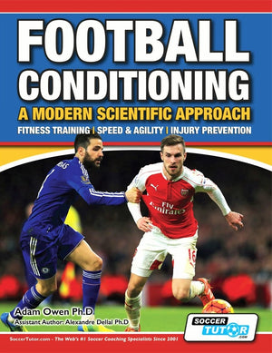 Two male soccer players battle for the ball—one in blue reaching toward a red-and-white opponent. This dynamic image appears on SoccerTutor's "Football Conditioning: A Modern Scientific Approach - Fitness Training | Speed & Agility | Injury Prevention.