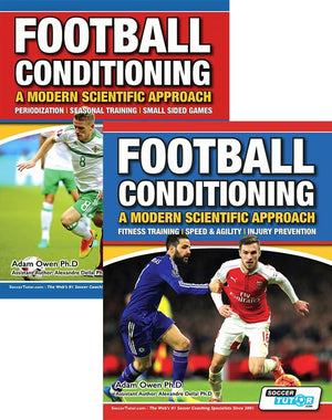 Two Football Conditioning: A Modern Scientific Approach book covers by SoccerTutor show players in action, highlighting Speed & Agility, Injury Prevention, Periodization Training, and Small Sided Games—2 book bundle.