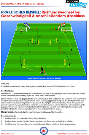 The SoccerTutor product Fussball Fitness Training Mit Wissenschaft features a soccer diagram with players in red and blue practicing Fitnesstraining, Schnelligkeit, and Agilität using cones, hurdles, and dummies; steps and goals are explained in-text.
