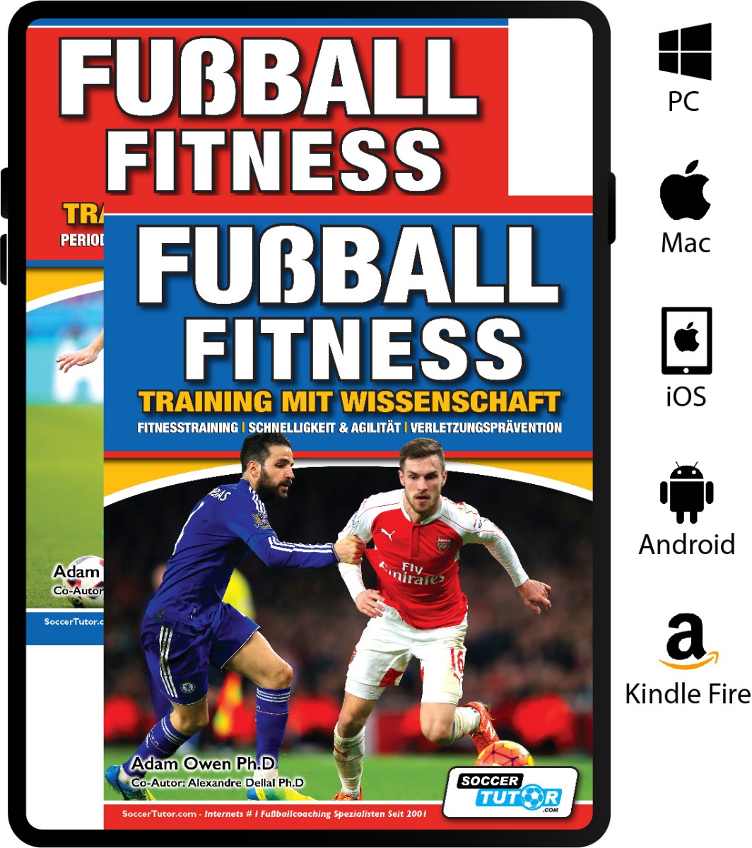 Cover of Fussball Fitness Training Mit Wissenschaft by SoccerTutor, showing two soccer players and icons for PC, Mac, iOS, Android & Kindle. The cover highlights Fitnesstraining, Schnelligkeit, Agilität & periodisiertes Training.