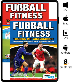 Cover of Fussball Fitness Training Mit Wissenschaft by SoccerTutor, showing two soccer players and icons for PC, Mac, iOS, Android & Kindle. The cover highlights Fitnesstraining, Schnelligkeit, Agilität & periodisiertes Training.