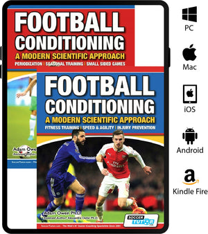 SoccerTutor’s 2 Book Bundle, Football Conditioning: A Modern Scientific Approach, features players in action with blue/yellow text, highlighting Speed & Agility. PC, Mac, iOS, Android & Kindle Fire logos shown on the right side.