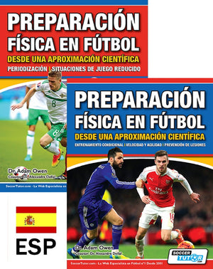 Two book covers show soccer players in action for "Preparación Física en Fútbol desde una Aproximación Científica" by SoccerTutor, covering entrenamiento condicional, velocidad y agilidad, periodización, and juego reducido, with a Spanish flag and "ESP" below.