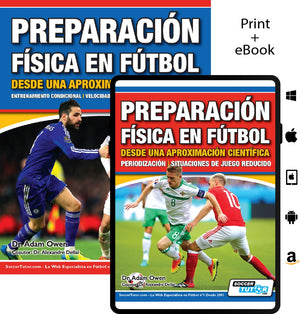 Cover images of SoccerTutor’s "Preparación Física en Fútbol desde una Aproximación Científica." One shows a player kicking a ball; the other, the iPad edition with two players vying for possession—focused on periodización, velocidad y agilidad.