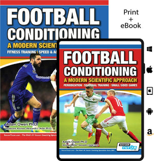 Two covers for SoccerTutor’s Football Conditioning: A Modern Scientific Approach 2 Book Bundle—one print (blue) and one eBook (red)—are shown, featuring speed & agility, injury prevention, periodization training, and small sided games.