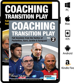 The Coaching Transition Play Volume 1 & 2 Bundle by SoccerTutor features football coaches Pochettino, Sarri, Jardim, and Sampaoli. Ideal for soccer coaching, it's compatible with PC, Mac, iOS, Android, and Kindle Fire.