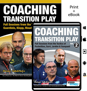 SoccerTutor’s Coaching Transition Play Volume 1 & 2 Bundle features covers with top managers like Guardiola, Klopp, and Mourinho. Perfect for soccer coaching, the bundle is available in both print and ebook formats.