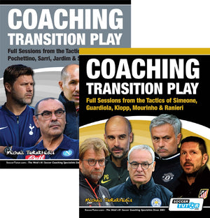 The Coaching Transition Play Volume 1 & 2 Bundle by SoccerTutor features covers with photos and names of famous football managers and author Michail Tsokaktsidis—a must-have addition to any Soccer Coaching collection.