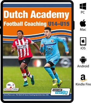 Cover of Dutch Academy Football Coaching U14-15 - Functional Training & Tactical Practices from Top Dutch Coaches by SoccerTutor, with two teen soccer players. Compatible with PC, Mac, iOS, Android, and Kindle Fire.