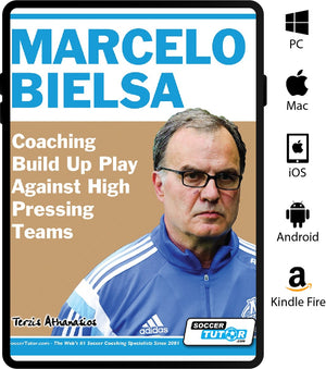 The SoccerTutor book cover shows Marcelo Bielsa in a blue tracksuit and glasses. "Marcelo Bielsa - Coaching Build Up Play Against High Pressing Teams" stands out, with PC, Mac, iOS, Android, and Kindle Fire logos on the right.