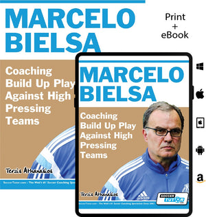 A book and tablet display the cover of "Marcelo Bielsa - Coaching Build Up Play Against High Pressing Teams" by SoccerTutor, showing a focused man in glasses and tracksuit. App and eBook icons appear, ideal for coaches learning build up play.