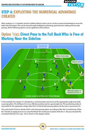 SoccerTutor’s "Marcelo Bielsa - Coaching Build Up Play Against High Pressing Teams" features a soccer diagram: 3v2 near the sideline, with Player 1 passing to unmarked fullback (5). Arrows/text show Bielsa-inspired tactics and decisions.