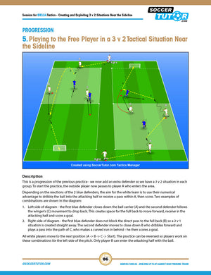 A diagram from SoccerTutor’s "Marcelo Bielsa - Coaching Build Up Play Against High Pressing Teams" shows a 3v2 scenario near the sideline, clear field markings, and cone setup to teach effective build up play against high pressing opponents.