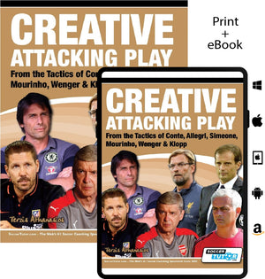 The covers of SoccerTutors Creative Attacking Play – From the Tactics of Conte, Allegri, Simeone, Mourinho, Wenger & Klopp feature these managers and their tactics. Print and eBook platform icons are shown on the right.