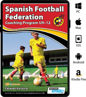 Children in yellow kits dribble soccer balls on a green field, shown on the cover of the SoccerTutor Spanish Football Federation Coaching Program U9-12 guide.