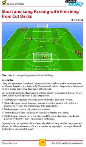 The SoccerTutor Spanish Football Federation Coaching Program U9-12 features a drill diagram with two groups practicing passing, movement, and finishing with cut back passes to a player and goalkeeper. Includes text instructions.