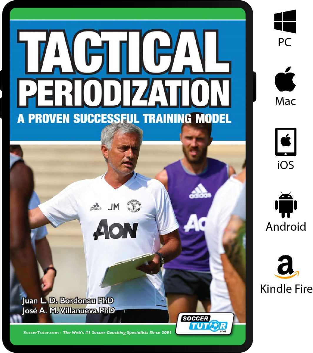 A soccer coach in a white shirt leads an outdoor session with Tactical Periodization, clipboard in hand. Players train as the SoccerTutor book cover reads: Tactical Periodization - A Proven Successful Training Model.