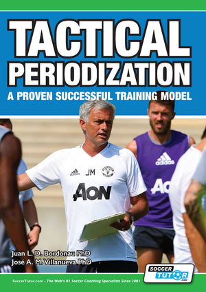 A soccer coach in a white shirt holds a clipboard outdoors with players, during training. The cover text reads: Tactical Periodization - A Proven Successful Training Model by SoccerTutor.