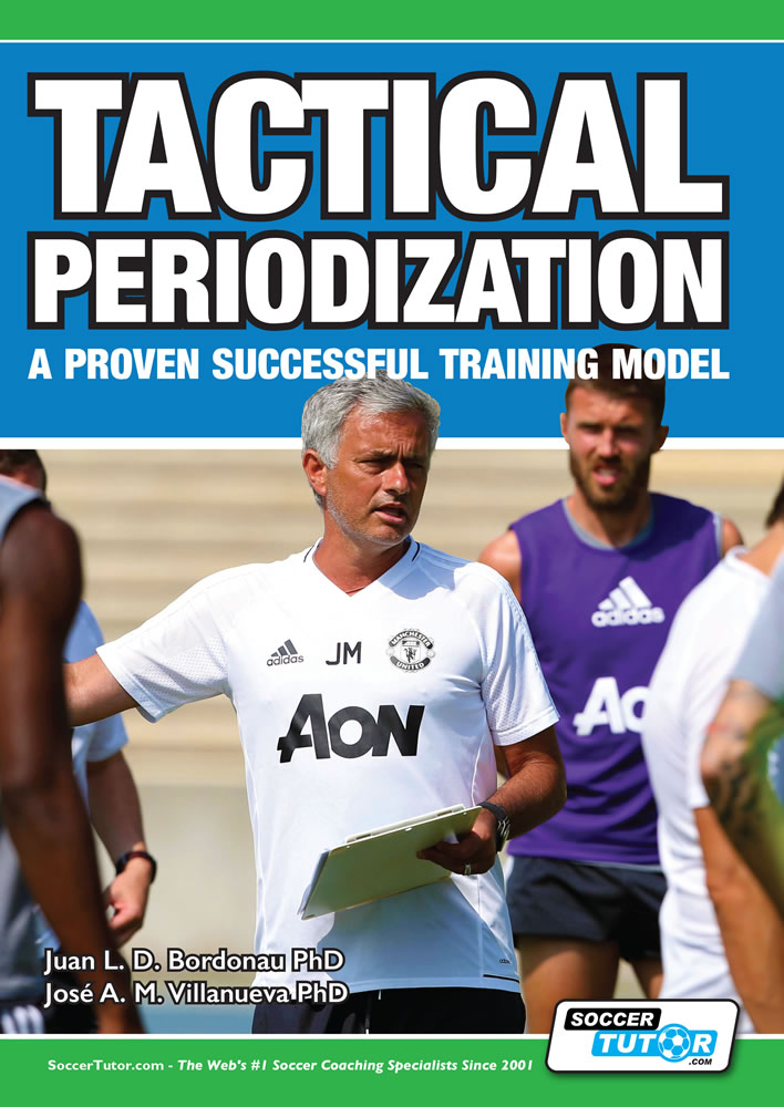 A soccer coach in a white shirt holds a clipboard outdoors with players, during training. The cover text reads: Tactical Periodization - A Proven Successful Training Model by SoccerTutor.