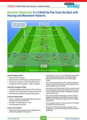 The SoccerTutor Tactical Periodization - A Proven Successful Training Model diagram displays field positions, passing, and movement drills for both teams to build play from the back, with instructions and training tips included.