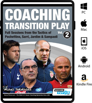 Book cover features four football coaches, showcasing the tactics of Pochettino, Sarri, Jardim & Sampaoli. Title: Coaching Transition Play Vol. 2 Full Sessions by SoccerTutor. PC, Mac, iOS, Android & Kindle Fire logos appear on the right.
