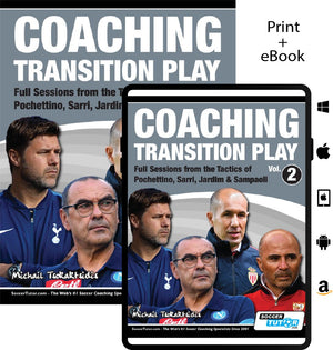 SoccerTutors Coaching Transition Play Vol. 2 features insights on transition play and tactics from Pochettino, Sarri, Jardim & Sampaoli, with a cover showing top coaches and icons for print and eBook formats.