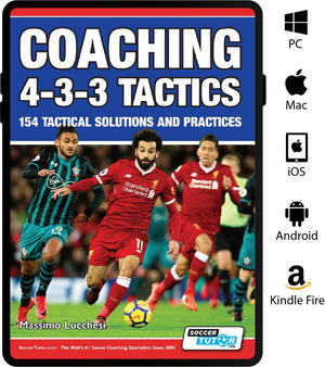 Cover of SoccerTutors Coaching 4-3-3 Tactics – 154 Tactical Solutions and Practices by Massimo Lucchesi, showing a red player dribbling past defenders, with PC, Mac, iOS, Android, and Kindle Fire icons displayed on the right.