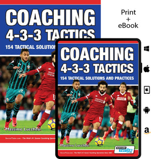 The image displays the cover of SoccerTutor’s Coaching 4-3-3 Tactics - 154 Tactical Solutions and Practices, showing soccer players in red kits and icons for print and eBook formats on various platforms.
